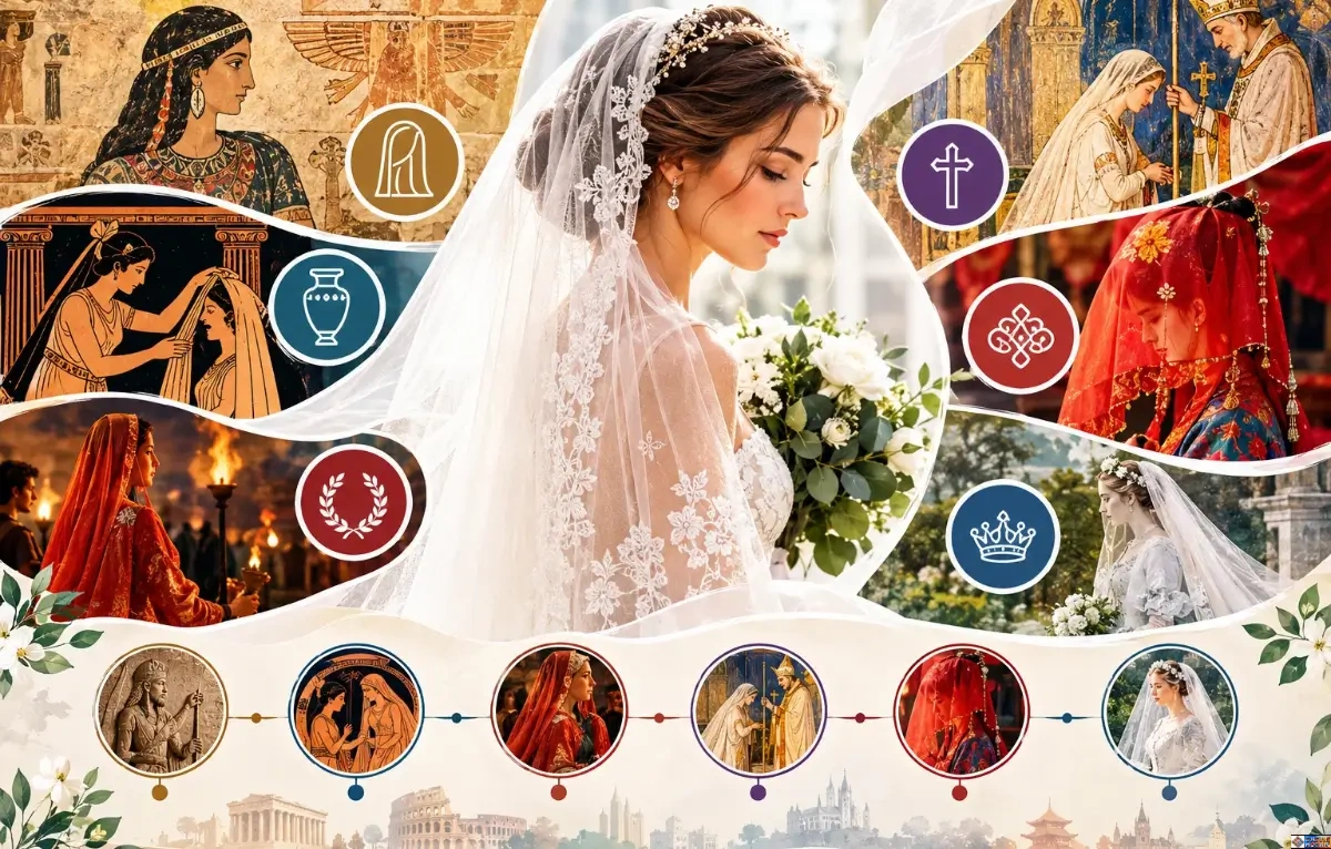 An elegant bride wearing a flowing white lace veil, surrounded by artistic scenes illustrating the history of bridal veils across ancient Assyria, Greece, Rome, Jewish and Christian wedding traditions, traditional Chinese ceremonies, and Victorian Britain
