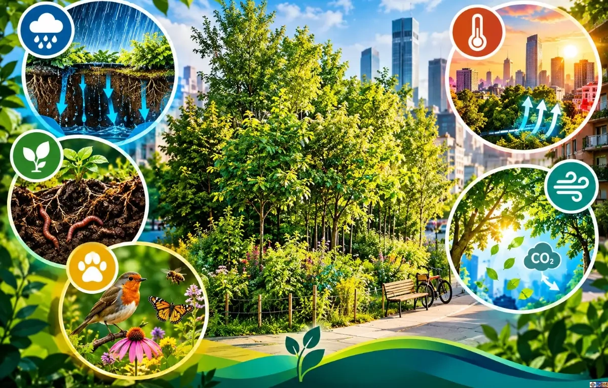 A vibrant, text-free infographic-style hero image showing a lush urban micro-forest surrounded by city skyscrapers, with visual scenes of rainwater soaking into soil, earthworms and healthy roots, birds and butterflies, cooling shade, and leaves absorbing carbon dioxide.