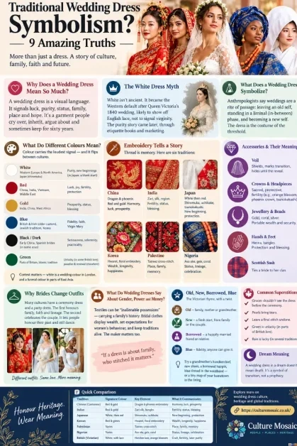 Infographic detailing traditional wedding dress symbolism, exploring global bridal colours, embroidery traditions, accessories, and heritage customs