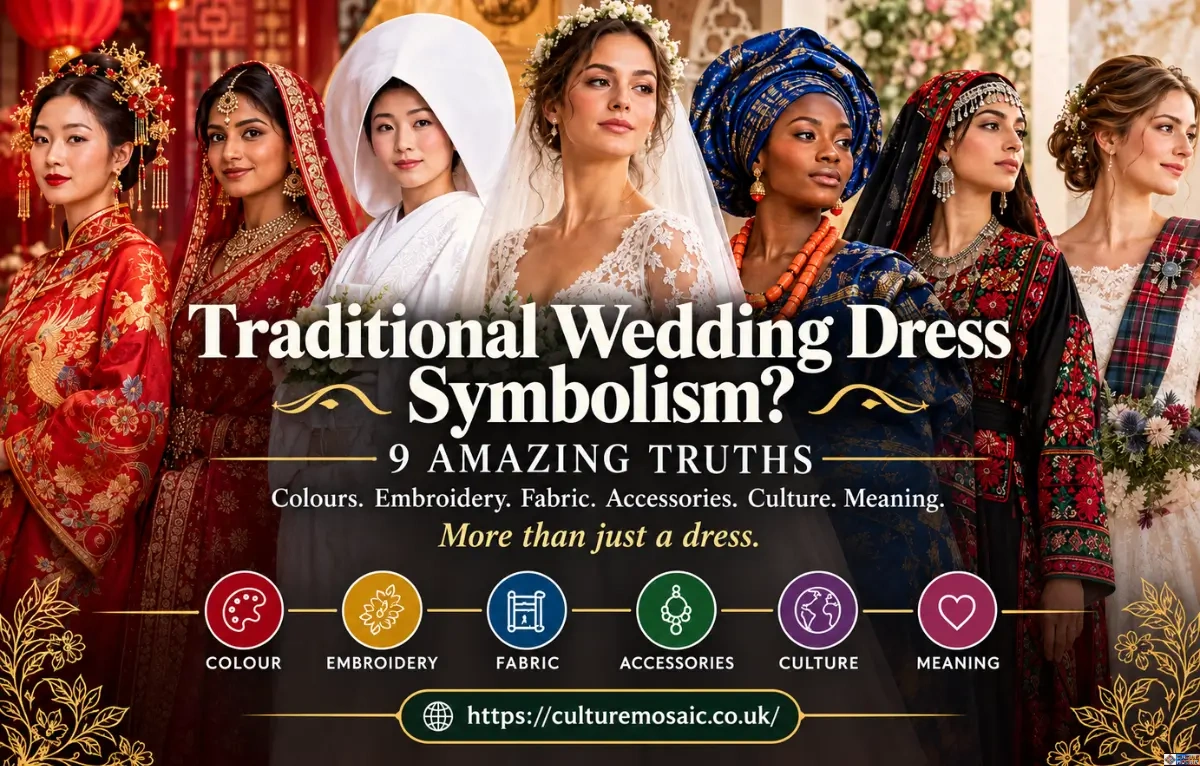 Traditional wedding dress symbolism featuring diverse global brides in heritage attire, including Chinese, Indian, Japanese, Western, Nigerian, Palestinian, and Scottish garments